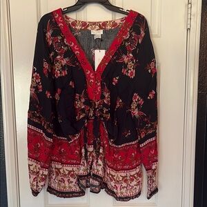City Chic Floral Top in Red and Black blouse tunic Boho hippie